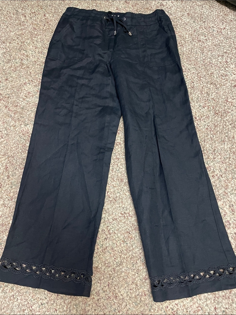 Linen Black Wide-Leg cropped Drawstring Pants with Crocheted Hem- new